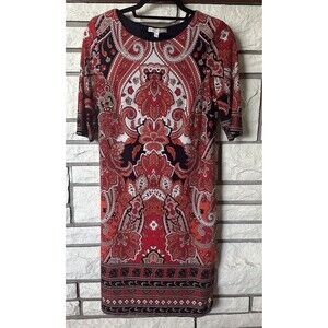 Signature Camryn Dress Womens Size 6 Red Paisley Shift Dress Contrast Hem